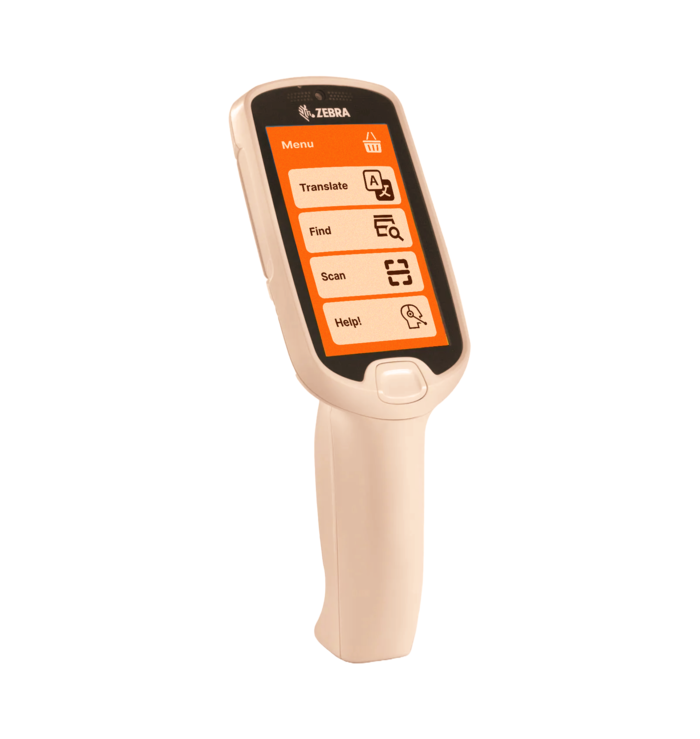 ASHA device showing the menu with Translate, Find, Scan and Help options