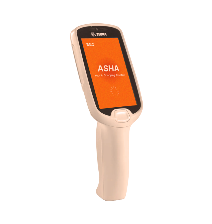 ASHA device showing the B&Q ASHA welcome screen