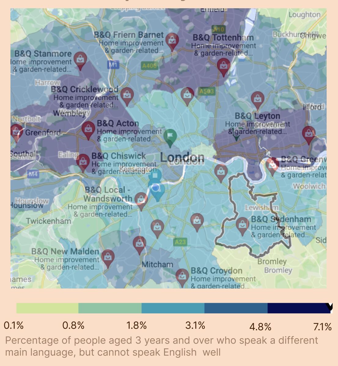 Map of Greater London showing where residents speak a different main language and cannot speak English well