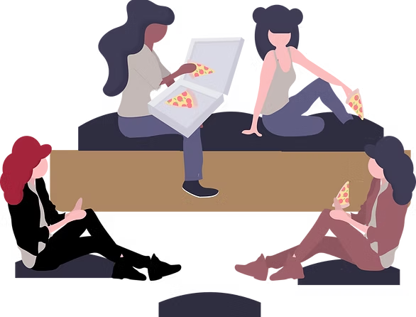 Illustration of people sitting on the CARDI sofa eating pizza, showing the modular use of cushions