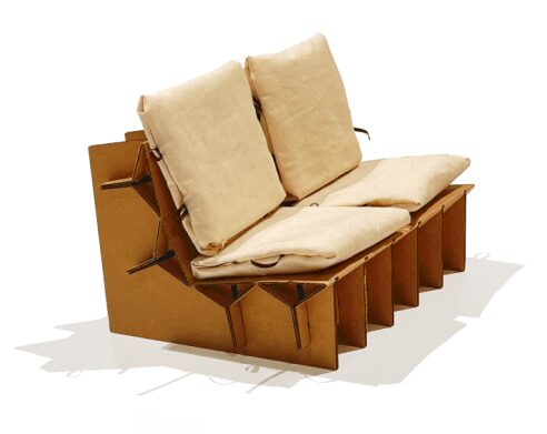 Cardboard sofa with cushions