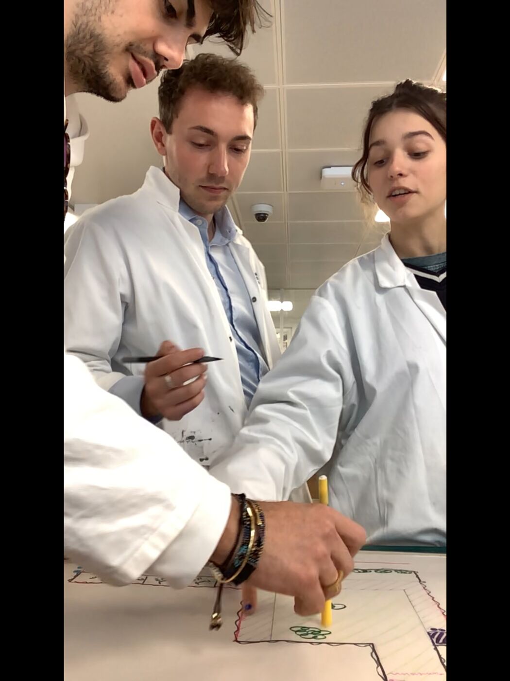 Participants drawing on a paper map in lab coats