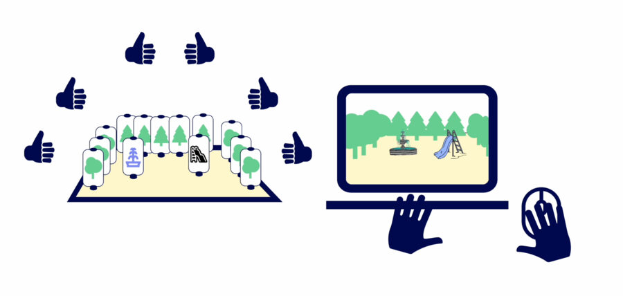 Illustration of a screen showing a landscape and hands interacting