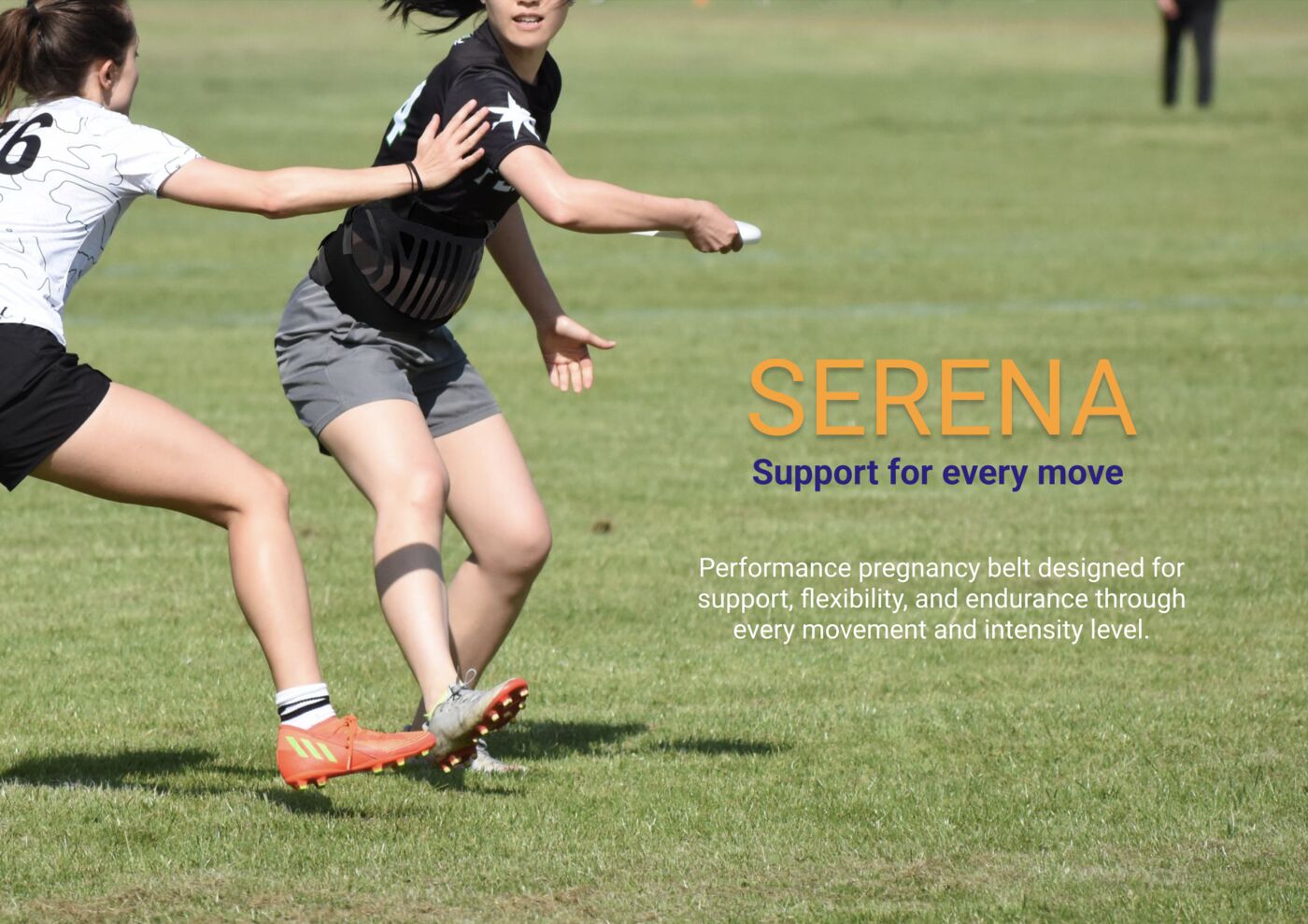 SERENA title slide: an athlete mid-throw wearing the pregnancy band